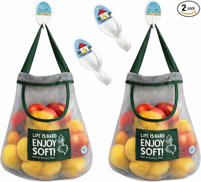 Durable Reusable Hanging Storage Mesh Bags for Fruits, Vegetables, Garlic, Ginger & Potatoes, Kitchen Storage Mesh Bag, Breathable Storage Bags for Home Decor & Kitchen Decor (2 blue bags & 2 hooks)