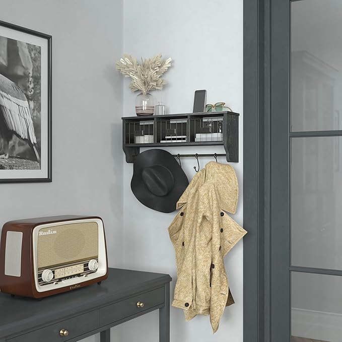 Flash Furniture Daly Wall Mounted Storage Rack - Blackwashed Solid Pine Wood - 24 Inch - Upper Shelf - 5 Hooks - Wire Baskets - For Entryway, Kitchen, Bathroom