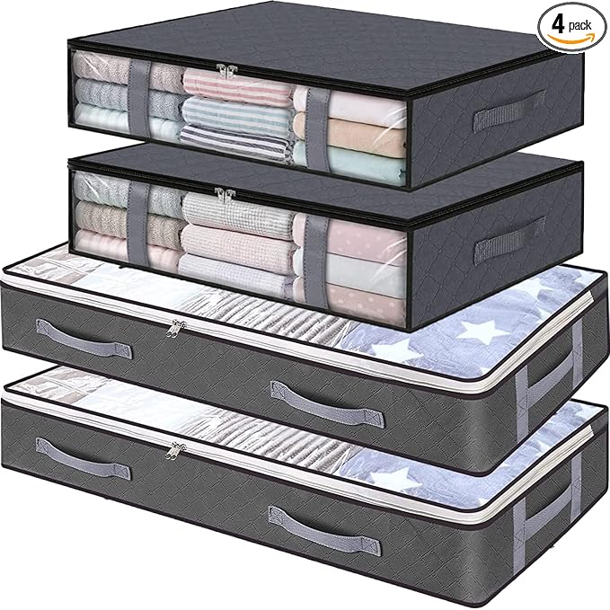 Under Bed Storage Containers, 4-Pack Large Capacity Underbed Storage Bags Organizer, Thick Fabric Storage Bins with Clear Window and Handles for Blanket, Comforter, Bedding, Clothes, Gray