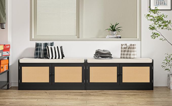 Anmytek Rattan Shoe Bench, Entryway Bench with Shoe Storage Wooden Shoe Rack Bench with Cushion Seat & Adjustable Shelves, Storage Bench for Entryway Black (39.8" W X 15.7" D X 18" H)