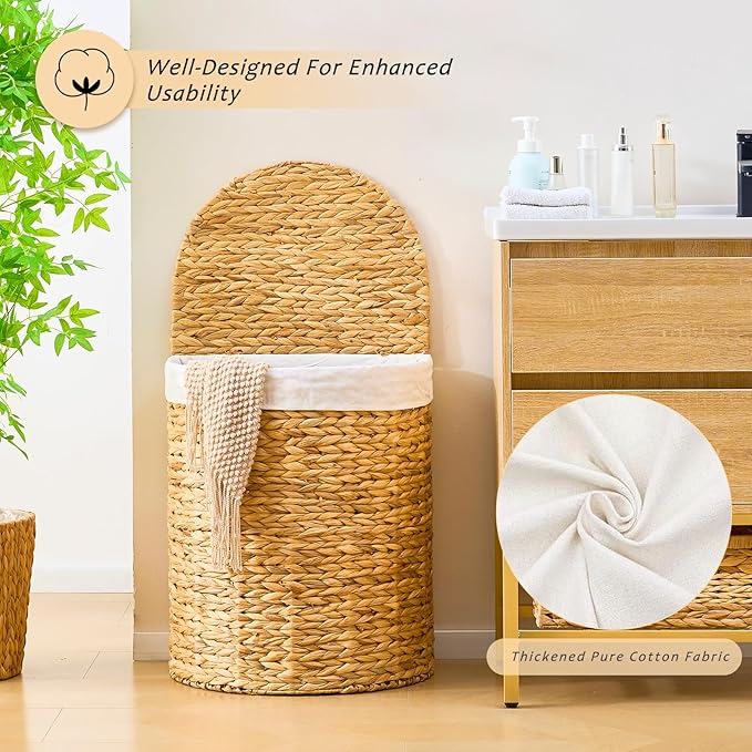 Half Round Wicker Laundry Hamper with Lid and 2 Removable Liner Bags, Handwoven Natural Water Hyacinth Laundry Basket for Dirty Clothes, Natural