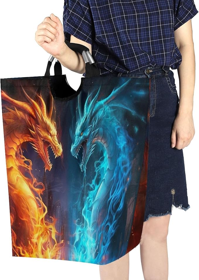 xigua Fire and Ice Dragon Large Laundry Hamper with Handle, Foldable Clothes Hamper Collapsible Storage Basket for Toys and Clothes Organization in Bedroom, Bathroom, and Laundry Room