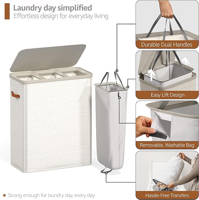 Sorbus Laundry Hamper with Lid - Collapsible 3-Compartment Fabric Laundry Basket with Handles and Removable Laundry Bag – 50 Gallon (190 L) Dirty Clothes Hamper for Bedroom, bathroom and dorm (Beige)
