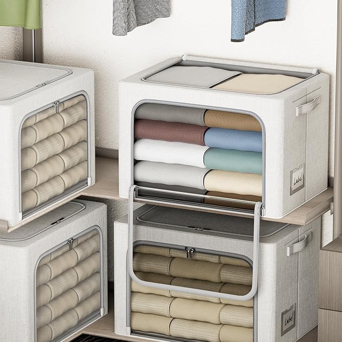 4 Pack Clothes Storage Bins with Metal Frame - 100L Stackable Storage Box with Lid，Foldable Storage Container Organizer for Clothes，Linen Fabric Storage Box with Clear Window＆Zippers＆Handles