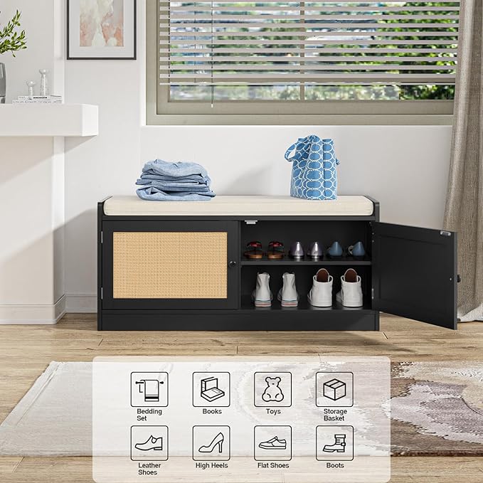 Anmytek Rattan Shoe Bench, Entryway Bench with Shoe Storage Wooden Shoe Rack Bench with Cushion Seat & Adjustable Shelves, Storage Bench for Entryway Black (39.8" W X 15.7" D X 18" H)