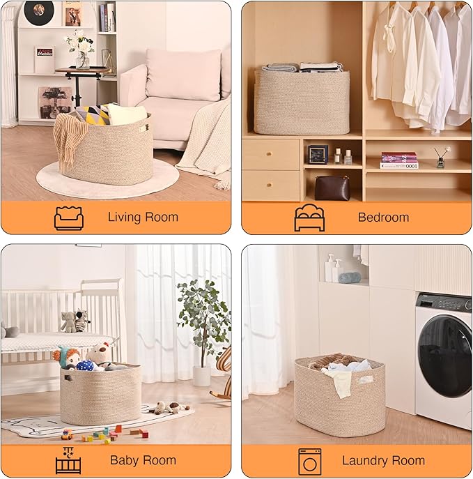Large Storage Basket for Organizing, Blanket Basket for Living Room, Large Toy Baskets for Storage, Woven Cotton Rope Baskets for Blankets, Clothes, Shoes, Brown, 25”x16”x16” (105L)