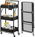 Foldable Rolling Cart 3 Tier Utility Storage Cart No Assembly Metal Heavy Duty Kitchen Carts Folding on Wheels Trolley Organizer Cart with Cup and Hooks for Office/Classroom/Dorm(Black)