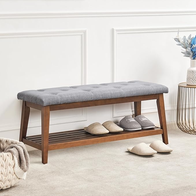 Upholstered Bench for Bedroom End of Bed,42.5-inch Entryway Bench for Living Room,Dining Bench with Padded Seat and Solid Wood Leg for Kitchen Bedroom,Indoor and Hallway (Shoe Bench, Grey)