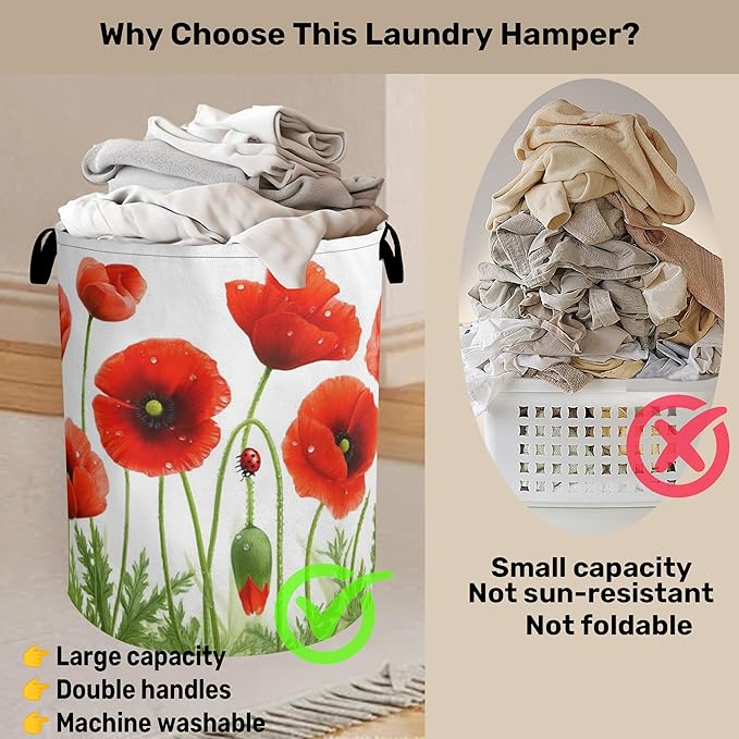 Red Flower Laundry Basket - Heavy Duty 60L Dirty Clothes Organizer, Water Resistant Foldable Hamper for Men Women