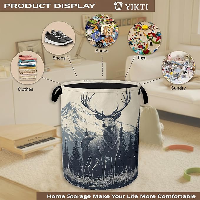 Collapsible Laundry Basket,Vintage Forest Deer Dirty Clothes Hamper,Snow Mountain Hampers for Bedroom Waterproof Oxford Cloth Storage Organizer for Bathroom,Nursery,Dorm,16x20 Inch