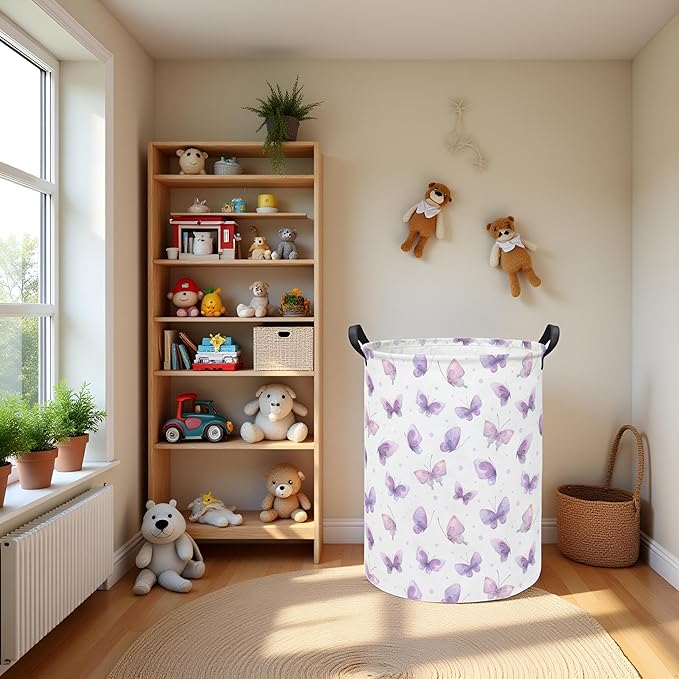 Baby Laundry Hamper kids laundry Basket Waterproof Storage Bin for Bedroom Toy Clothes Organizer Basket Woodland Animals Room Décor(Purple Butterfly)