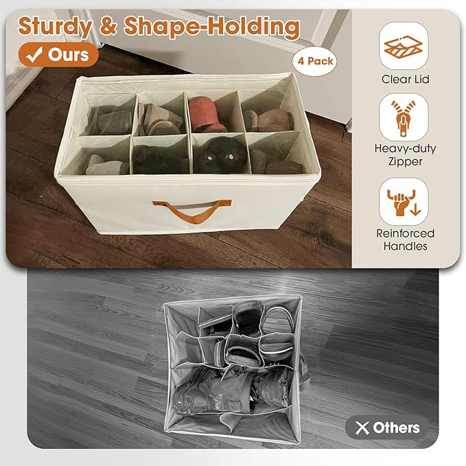 4 Pack Shoe Organizer for Closet,Foldable Shoe Storage Organizer with Adjustable Dividers, Shoe Storage Box with Clear Cover, Fits up to 16 Pairs, Beige