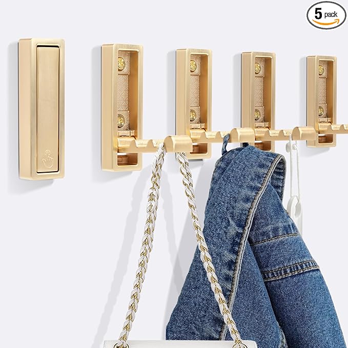5PCS Heavy Duty Gold Folding Coat Hooks - Zinc Alloy Wall Hooks for Coats, Scarves & Bags - Rustproof, Space-Saving Design for Bathroom, Entryway & Closet - Easy Install with Screws (Gold)
