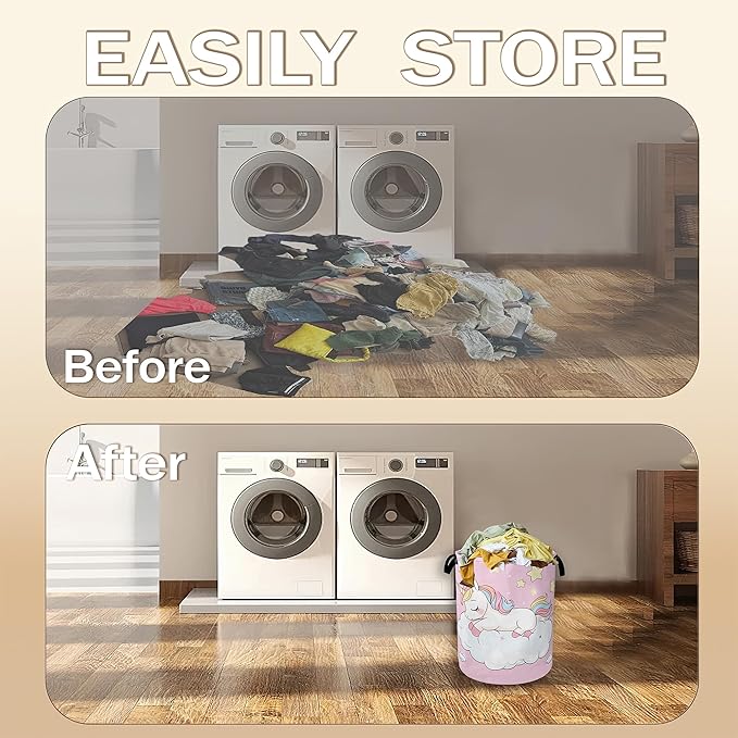 Laundry Hamper,Cute Unicorn Laundry Basket,Girls Pink Stars Portable Collapsible Laundry Room Organization Storage for Dorm Room,Nursery,Bathroom,Bedroom,16x20 Inch