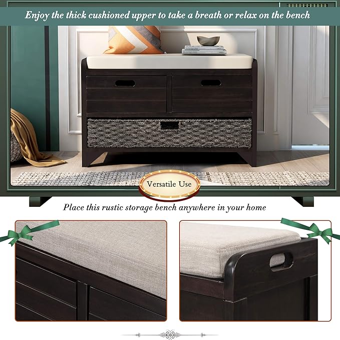 SOFTSEA Storage Bench Upholstered Storage Ottoman with Removable Basket and 2 Drawers, Farmhouse Shoe Bench with Seat Cushion, Full Assembled, Espresso