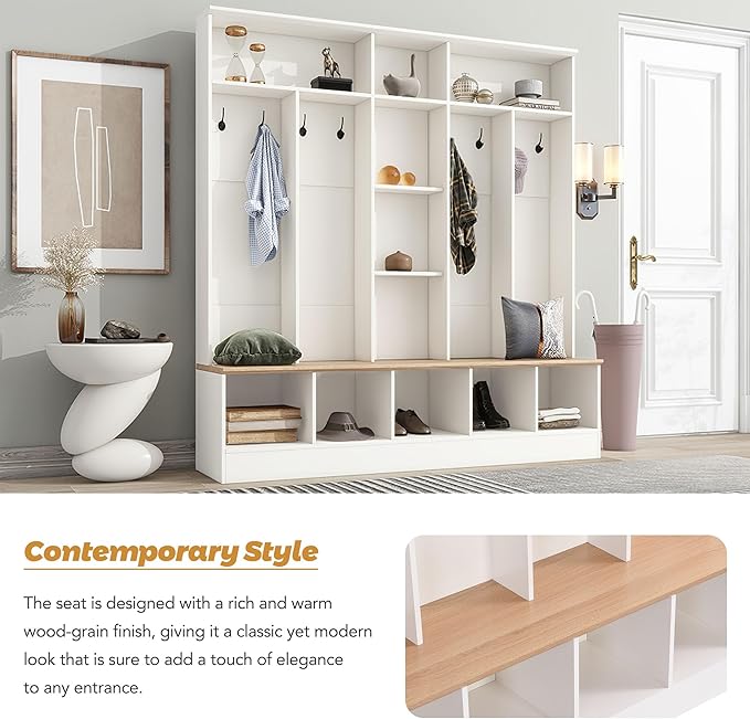 Modern Hall Tree with Storage Bench, Minimalist Shoe Cabinet with Cube Storage & Shelves, Multifunctional Coat Rack with 8 Hooks for Entryways Mudroom Hallway (White + Particle Board-Q13)