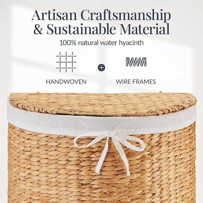 Best Choice Products Half Moon Laundry Hamper w/Lid, Woven Half Round Laundry Basket, w/Removable Liner & Bult-in Handles for Bathroom, Bedroom & Laundry Room - Natural