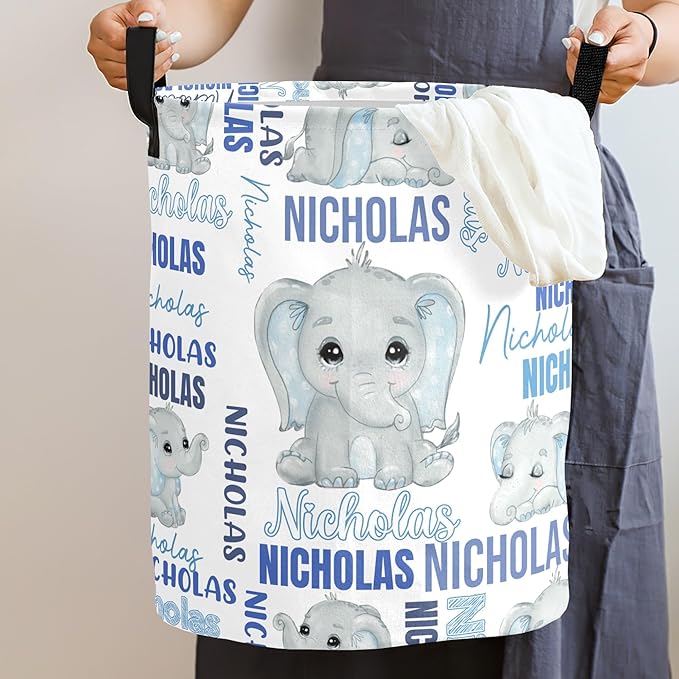 Large Custom Name Laundry Hamper, Elephant Personalized Dirty Clothes Hamper Storage Basket with Name for Bathroom Bedrooms, Customized Name Circular Hamper with Handles for Baby Boys Girls Men Women