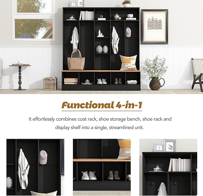 Modern Hall Tree with Storage Bench, Minimalist Shoe Cabinet with Cube Storage & Shelves, Multifunctional Coat Rack with 8 Hooks for Entryways Mudroom Hallway (Black + Particle Board-Q13)