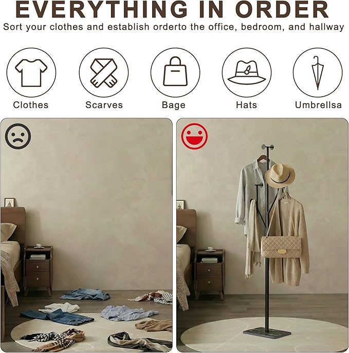 Coat Rack Stand, Freestanding Metal Coat Rack with Sturdy Marble Base, Modern Standing Coat Rack Tree for Entryway, Bedroom, Office & Hallway, Space-Saving Design, Black, 68.9 Inches Tall