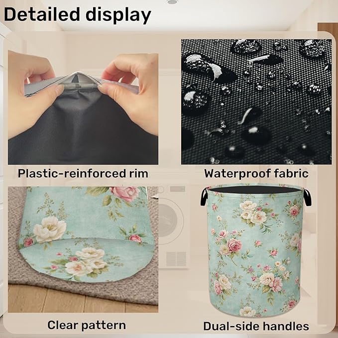 Vintage Rose Laundry Basket - Heavy Duty 60L Dirty Clothes Organizer, Water Resistant Foldable Hamper for Women