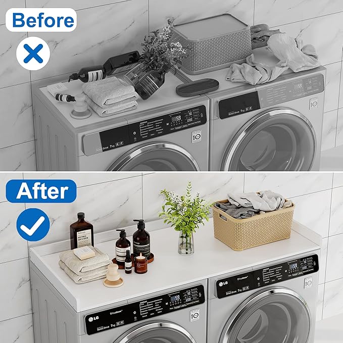 efluky Washer Dryer Countertop, Wood Countertop with Edge Rails for Laundry Room Organization and Storage, Washer Dryer Topper for Laundry Room, 27.5" x 54" White Marble