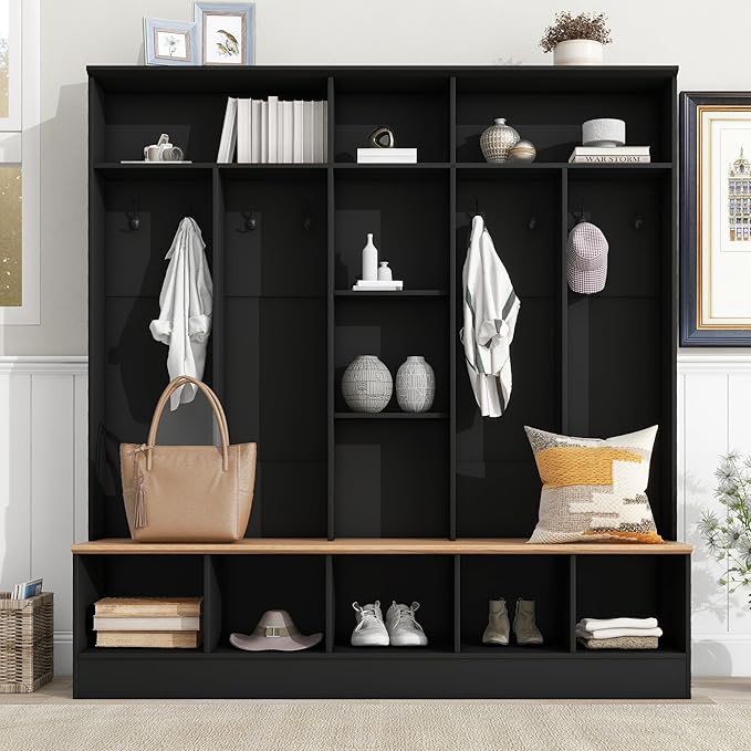 4-in-1 Wide Design Hall Tree with Storage Bench, Minimalist Shoe Cabinet with Cube Storage & Shelves, Multifunctional Coat Rack with 8 Hooks for Entryways Mudroom
