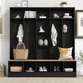 Modern Hall Tree with Storage Bench, Minimalist Shoe Cabinet with Cube Storage & Shelves, Multifunctional Coat Rack with 8 Hooks for Entryways Mudroom Hallway (Black + Particle Board-Q13)