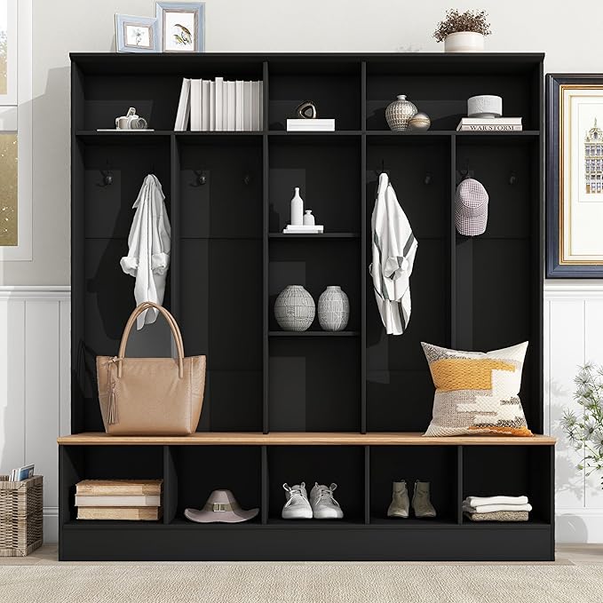 Modern Hall Tree with Storage Bench, Minimalist Shoe Cabinet with Cube Storage & Shelves, Multifunctional Coat Rack with 8 Hooks for Entryways Mudroom Hallway (Black + Particle Board-Q13)