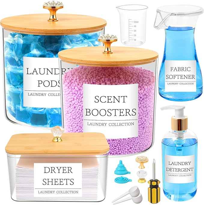 5 Pcs Laundry Container Organizing with Laundry Powder Container and Dryer Sheet Holder Acrylic Laundry Soap Dispenser Bottle with Funnel, Measuring Cup Laundry Pod Holder for Beads,Soap,Scent Booster