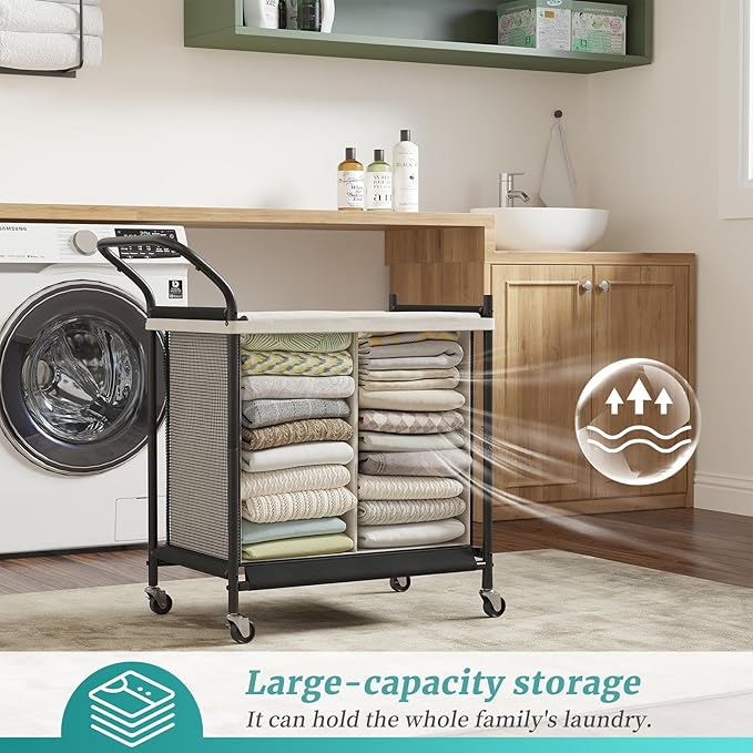 Laundry Hamper with Wheels - 2 Section Laundry Basket 120L, Removable Washable Bags, Height-Fitted Rolling Laundry Cart for Laundry Room & Bedroom