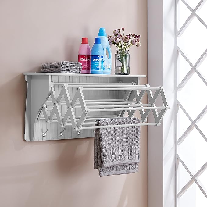 Danya B Accordion Clothes Drying Rack, Retractable, Wall Mounted Towel Rack and Hooks for Clothes and Towels for use in Laundry Room or Garage (White)