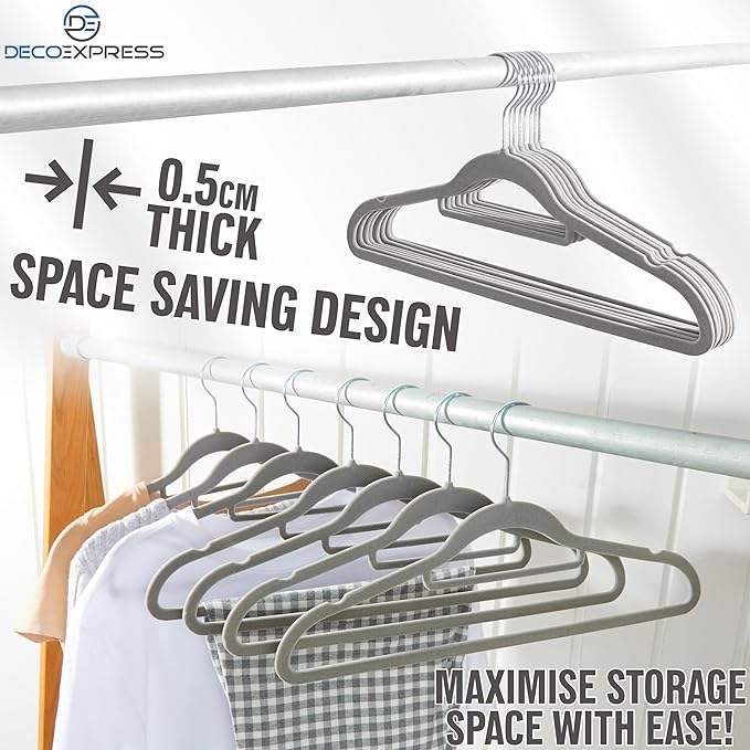 Deco Express Velvet Hangers, Space Saving Non Slip Coat Hangers for Clothes Multipack (Grey, 50 Pack)