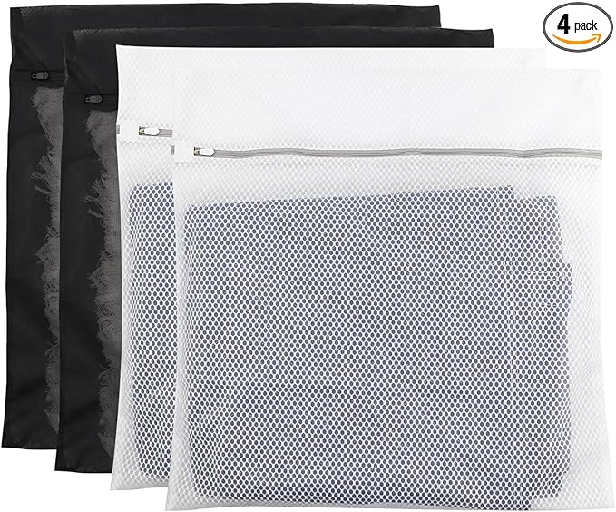 4Pack Mesh Laundry Bag Delicates Laundry Bag-Extra Large Durable Wash Bag with Honeycomb Mesh Big Clothes,Household,Bed Sheet,Stuffed Toys,Curtain,Blanket,Bedcover,Sweater,24x24In(2Black & 2White)