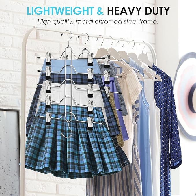 Skirt Hangers Space Saving for Woman, Jadkysarh 5 Tier Pants Organizer Hanger with Adjustable Clips Closet Organizer and Storage for Jeans, Leggings, Short - 2 Pack, Black
