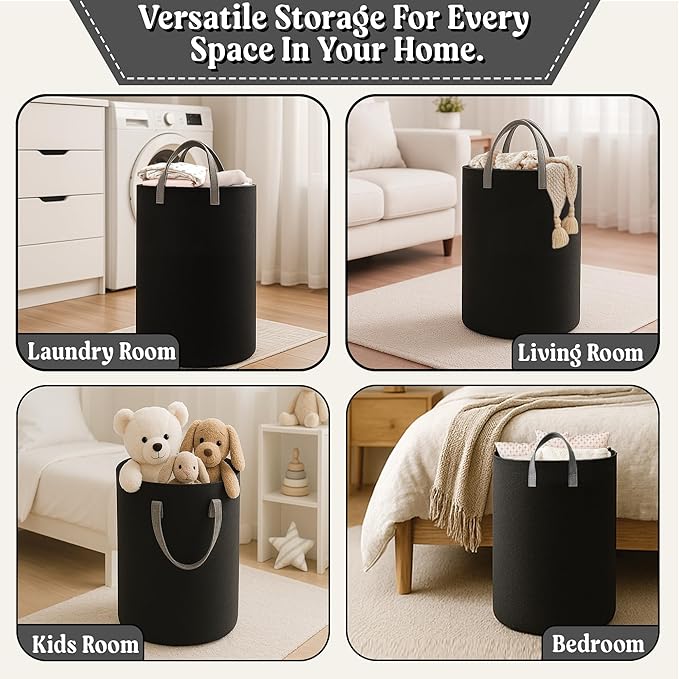 90L Laundry Basket, RECYCLED FROM 40 PLASTIC BOTTLES, Laundry Hamper, Storage Basket, Eco-Friendly Round Laundry Bag with Handles for Dirty Clothes, Toys, Nursery, Dorm (Black)