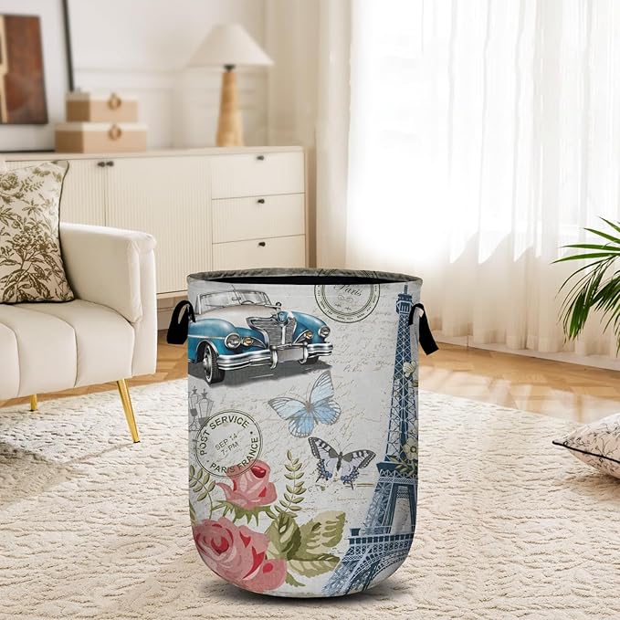 Vintage Paris Eiffel Tower Laundry Basket, Laundry Hamper Collapsible Oxford Cloth with Handle Clothes Toy Storage Bin for Bathroom Laundry Room Bedroom 15.7 X 20 Inch