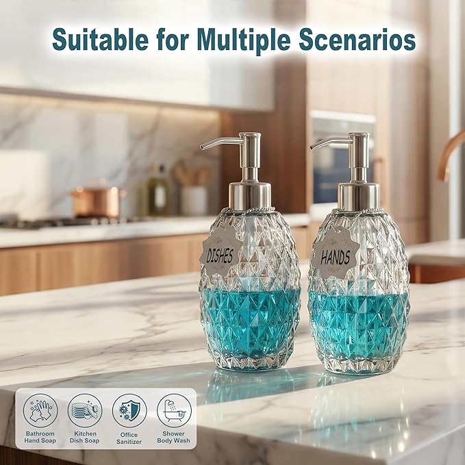 MALACHI Soap Dispenser Set, Crystal-Textured Diamond Glass with Rustproof Stainless Steel Pump, Dual-Labelled Hand & Dish Soap Dispenser for Kitchen & Bathroom