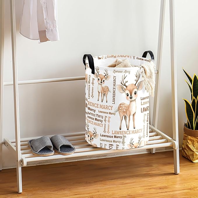 Large Custom Name Laundry Hamper, Deer Personalized Dirty Clothes Hamper Storage Basket with Name for Bathroom Bedrooms, Customized Name Circular Hamper with Handles for Baby Boys Girls Men Women