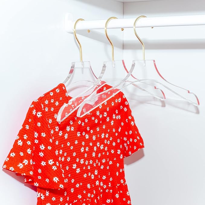 HomeCube USA Clear Acrylic Clothes Hanger with Gold Hooks – Heavy Duty Lucite Closet Organizer, Elegant & Sturdy for Shirts, Dresses, Coats, Suits & Boutique Use (20, Small 13")
