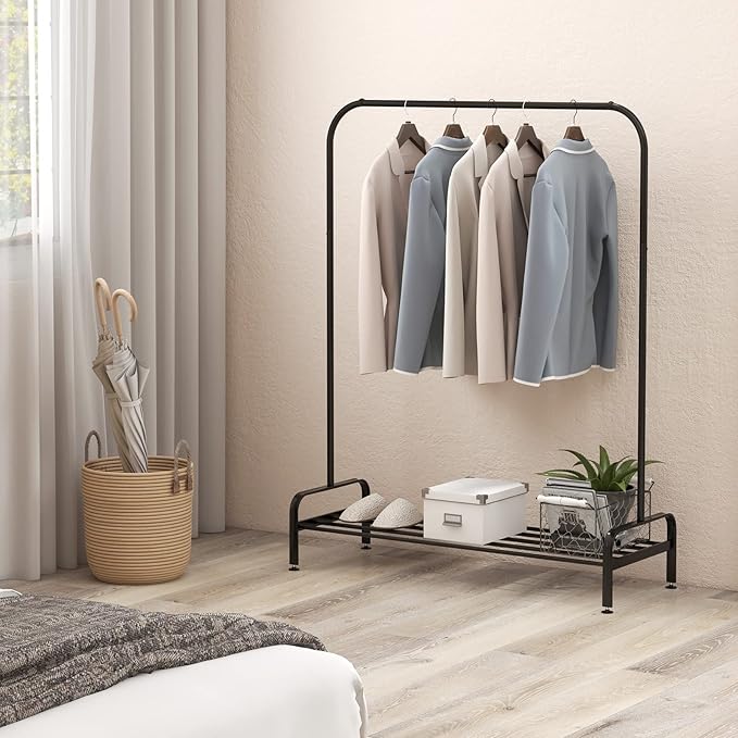 Tangkula Metal Garment Rack, 44” Clothing Rack with Top Rod and Lower Storage Shelf, Adjustable Feet, Anti-slip Clips, Heavy Duty Clothes Hanging Garment Racks for Bedroom, Living Room, Black