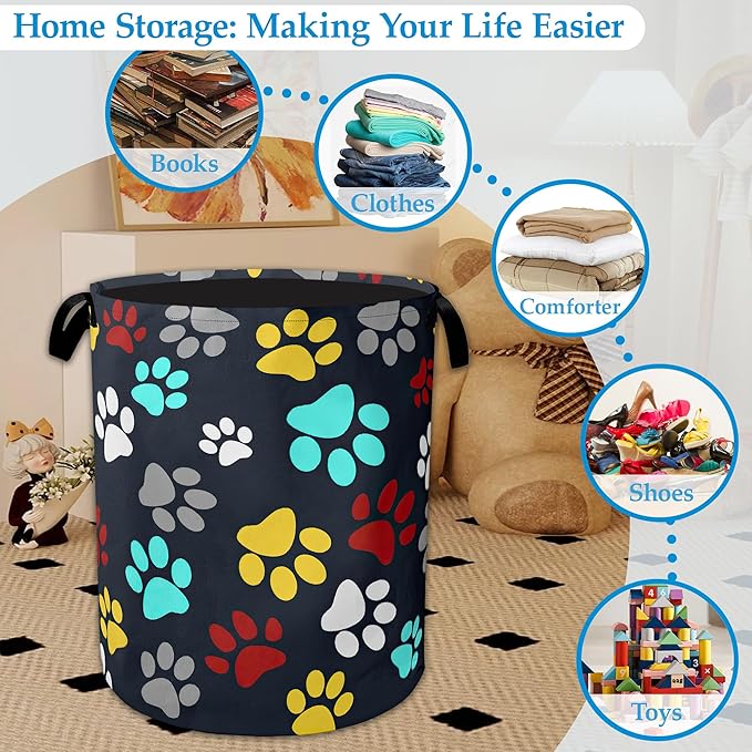 Colourful Paw Prints Laundry Basket Collapsible Laundry Hamper with Handle, Oxford Clothes Toy Storage Bin for Bathroom Bedroom Room Decor 16" X 20.8"
