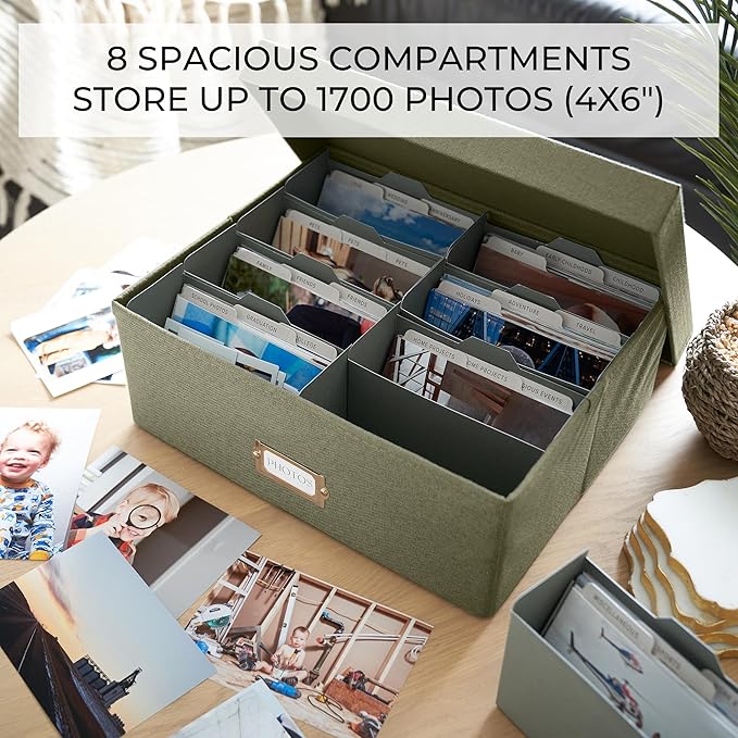 ZICOTO Decorative Photo Storage Box - Sturdy Linen Photo Organizer with Dividers is Perfect to Store Up to 1700 Pictures and 4x6 Photos - Portable Scrapbook Storage Containers with Lid
