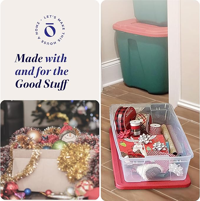 HOMZ 2-Pack Holiday Tote, Clear Plastic Storage Organizer Bins with Lids, 41 Quart, Red - Stackable Organizing Containers for Christmas Ornament Decorations, Gift Wraps, and Crafts