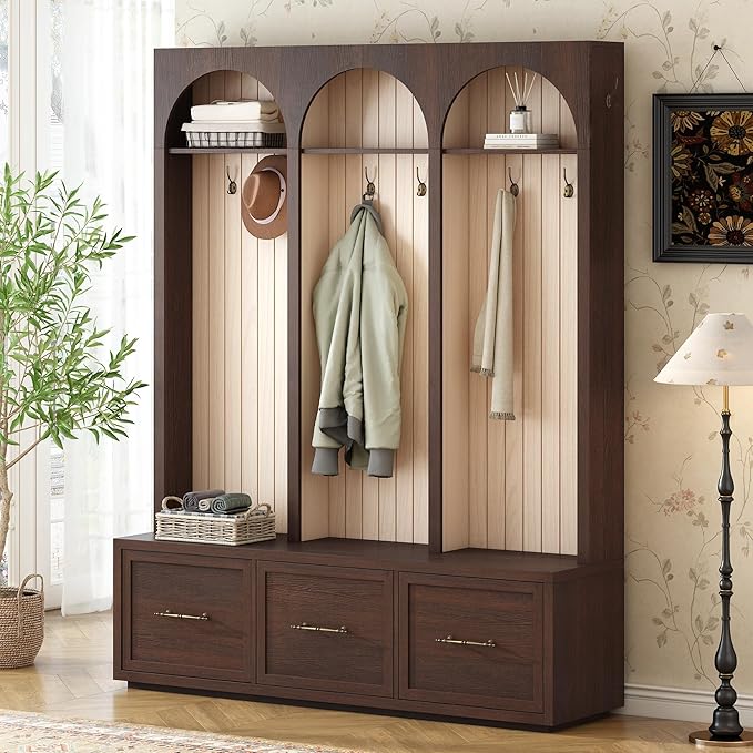 Farmhouse Hall Tree with Three Arched Design, All-in-One Design Wooden Coat Rack & Shoe Organizer with 3 Drawers, 59" Wide Entryway Bench with 8 Retro Hooks for Mudroom, Living Room (Dark Walnut//538)