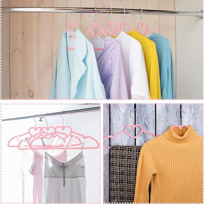 Qunclay 50 Pcs Pink Plastic Heart Hangers with 360 Degree Swivel Hook, Heavy Duty Sturdy Heart Clothes Coat Hanger, Cute Kawaii Room Decor for Adult Women, Space Saving with No Hanger Mark