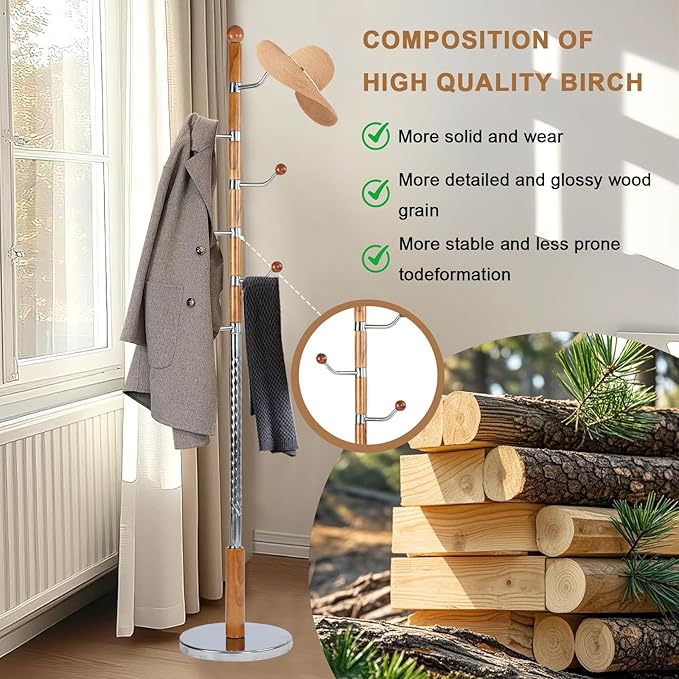 Solid Wood Coat Rack, Free Standing Hall Coat Tree with 6 Hooks, 3 Height Options, 180lbs Load, Stury Base, Clothes Rack for Entryway, Hallway, Bedroom (Disc Base - Cherry Swivel Hook)