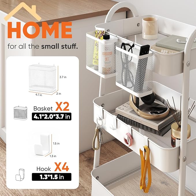 Sekey 3 Tier Rolling Cart, Hanging Cups, Hooks, Heavy Duty Mesh Rolling Storage Cart Organizer with 2 Lockable Wheels for Bathroom, Kitchen, Office, Craft, Makeup, Baby Essentials, White