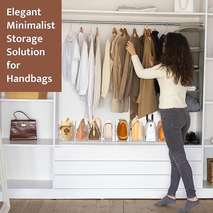 2-Pack Purse Organizers for Closet, Adjustable Small Shelf Divider Rack for Closet, Clear Handbag Storage Organizer, Plastic Bookshelf Separator Divider for Bedroom Living Room Office