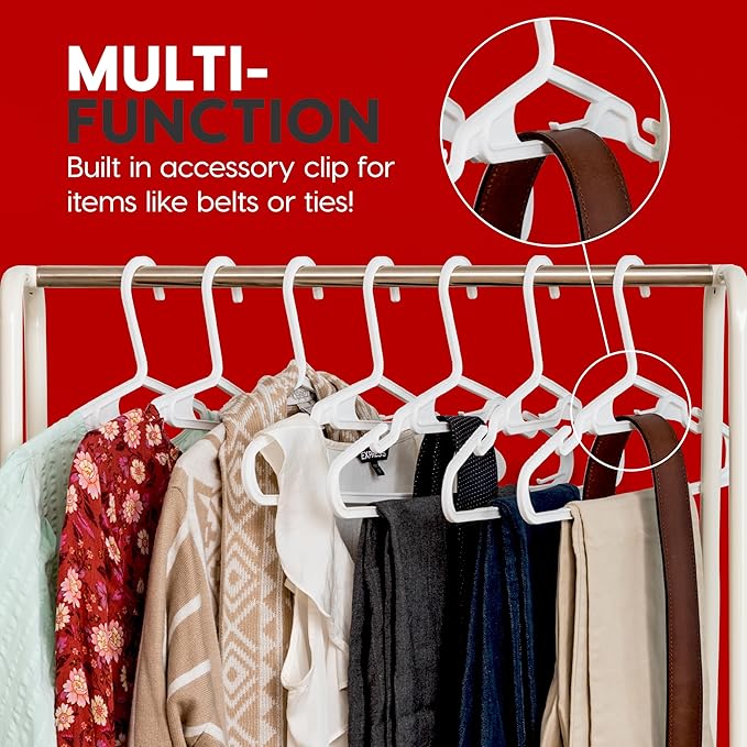 IRIS USA Lightweight Flexible Hangers 50 Pack, Made in USA, Plastic Clothes Hangers with Shoulder Grooves & Accessory Hooks, Dorm Apartment Essentials, Adult Hangers for Light Shirts Clothing, White